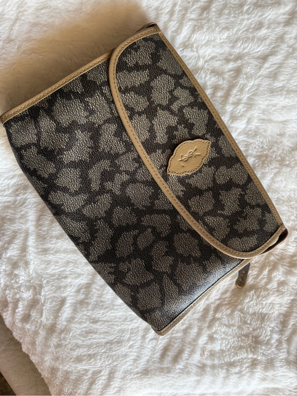 Yves Saint Laurent Black and Beige Printed Canvas Fold-Over Clutch